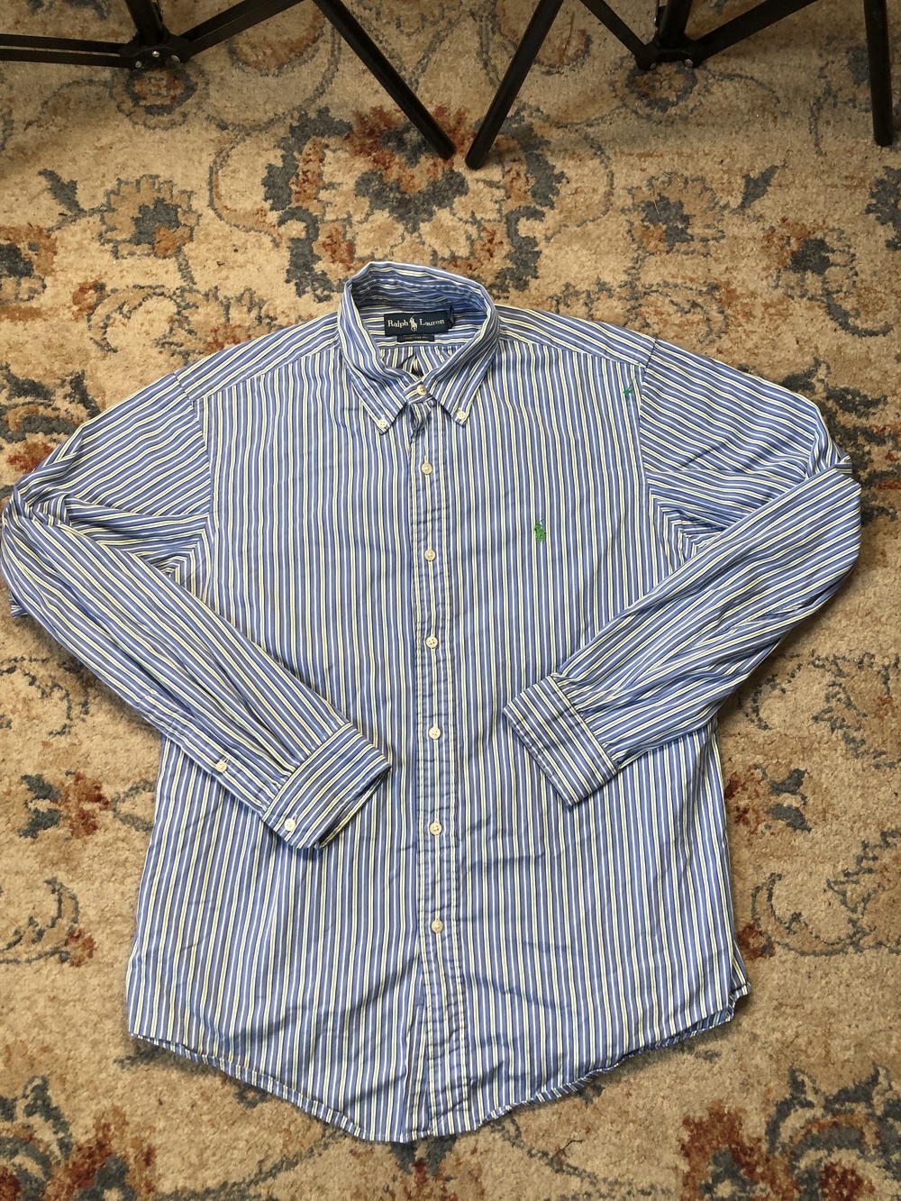 Ralph Lauren Shirt Mens Large Blue Green White Striped Button Down Custom Fit